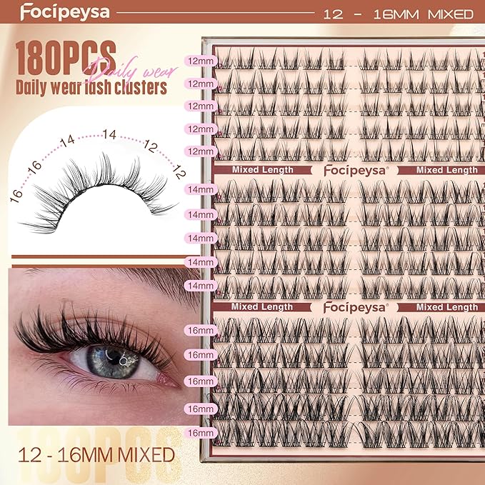 Focipeysa Lashes Wispy Cluster Lashes Natural Lash Clusters 10-16mm Eyelash Clusters Salon Effect Pestañas Postizas Naturales Fairy DIY Individual Eye Lashes Extensions Pack Spiky Lash