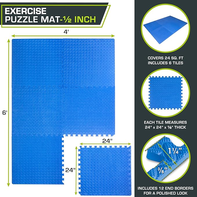 ProsourceFit Puzzle Exercise Mat ½ in, EVA Interlocking Foam Floor Tiles for Home Gym, Mat for Home Workout Equipment, Floor Padding for Kids