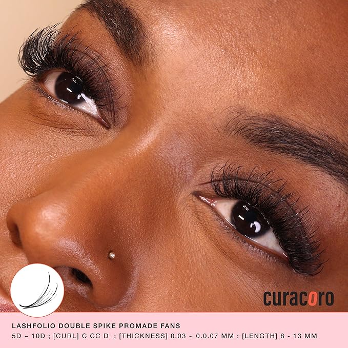 Curacoro LashFolio Double Spike Promade Fans, Handmade Volume Eyelashes, 5D To 10D, C CC D Curl, 0.03~0.07mm, 8-13mm Mix Length, Professional Long-Lasting Promade Lash Fans (7D-0.05 C 8-13mm)