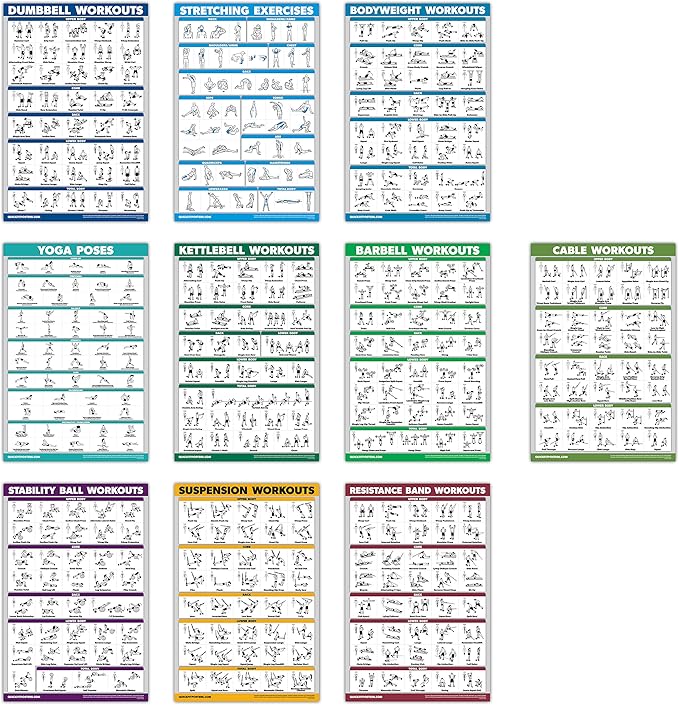 10 Pack - Exercise Workout Poster Set - Cable Machine, Dumbbell, Suspension, Kettlebell, Resistance Bands, Stretching, Bodyweight, Barbell, Yoga Poses, Exercise Ball (LAMINATED, 18" x 24")