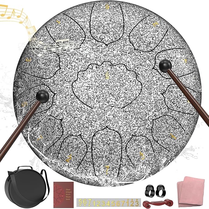 D Major Steel Tongue Drum Handpan, 12 Inch 13 Note Rain Drum for Outside Garden, Meditation Rain Chime, Musical Percussion Instrument for Adult Gift with Bag, Music Book, Drum Mallets (Star Sliver)
