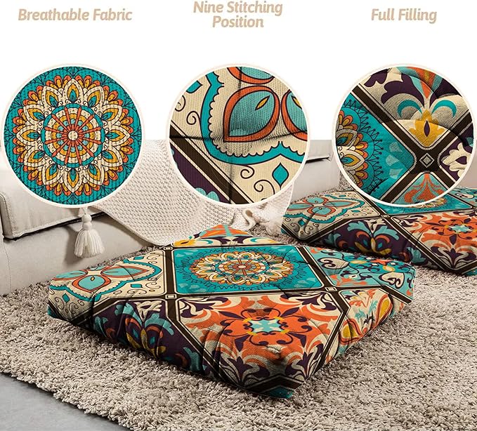 Mandala Meditation Cushion, Boho Meditation Mat, Meditation Pillows for Sitting on Floor, Cushions for Sitting in Home and Outdoor, Square Floor Pillows Cushion Seating for Yoga 22'' X 22''