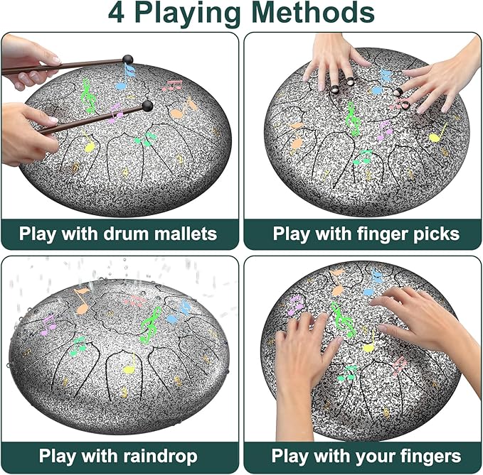 D Major Steel Tongue Drum Handpan, 12 Inch 13 Note Rain Drum for Outside Garden, Meditation Rain Chime, Musical Percussion Instrument for Adult Gift with Bag, Music Book, Drum Mallets (Star Sliver)