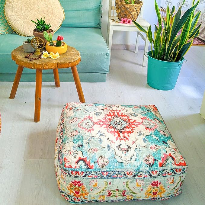 Large Floor Pillow Cover Square Meditatioמ Square Cushion Case Boho Room Décor Moroccan Seating Area Pouf Perfect for Living Room, Bedroom, Nursary or Children Room Cotton 24x8 Unstuffed