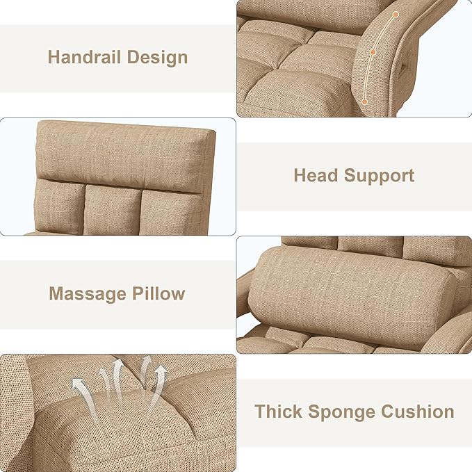 Floor Gaming Chair for Adults, 6-Position Adjustable Chaise Lounge Chair with Meditation Arm, Foldable Lazy Sofa with Pillow, Comfy Chair Indoor for Bedroom Dorm Living Room, Beige