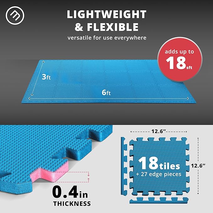 bemaxx Gym Mats Set - 18 pcs EVA Interlocking Foam Floor Tiles (12.6"x12.6"x0.4") 18sqft Protective Gym Flooring Sports Home Workout Exercise Mats Puzzle Garage Fitness Play-Room Garage Pool Treadmill