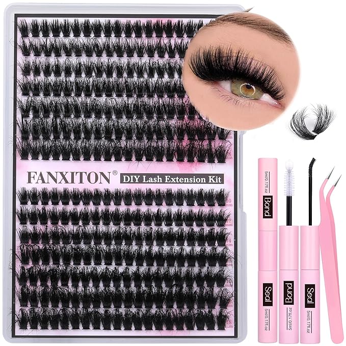 FANXITON Lash Clusters with Lash Bond and Seal Sweatproof, 10-18 mm D Volume Lash Extension Kit 280 pcs Individual Lashes Lash Clusters Kit and Tweezers Thick DIY Eyelash Extension Kit