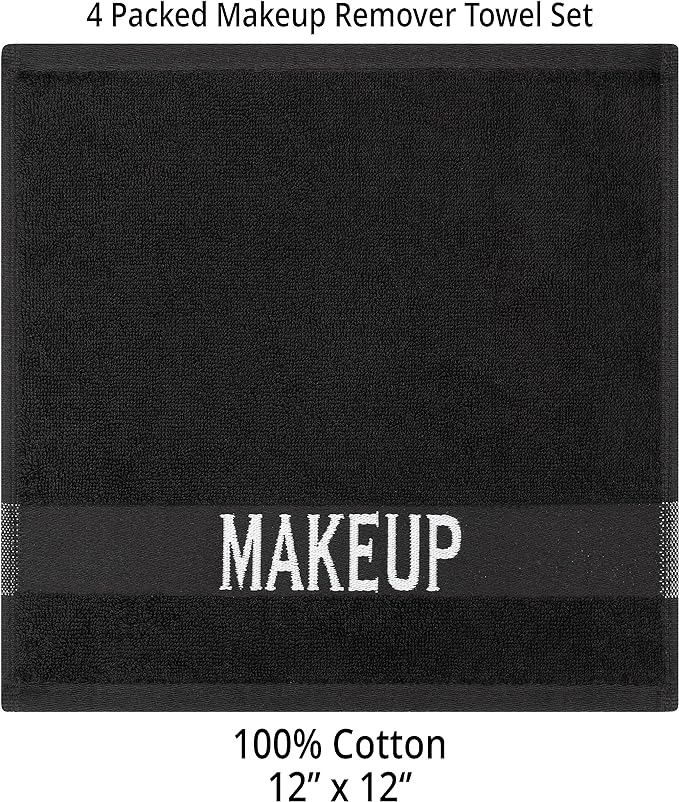 Cotton Paradise Makeup Remover Towels 4 Pack 100% Cotton 12x12 Inch Turkish Makeup Removal Face Cloths for Washing Face Soft Black Makeup Towel