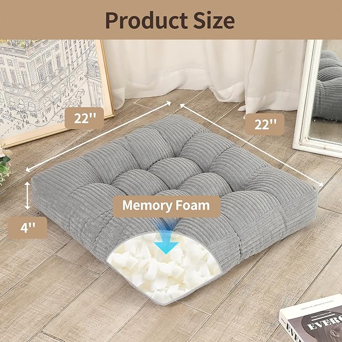 22 inches Meditation Pillow, Square Large Floor Cushions for Adults, Thick Corduroy Floor Pillows for Sitting, Yoga, Living Room, Sofa, Tatami, LightGrey
