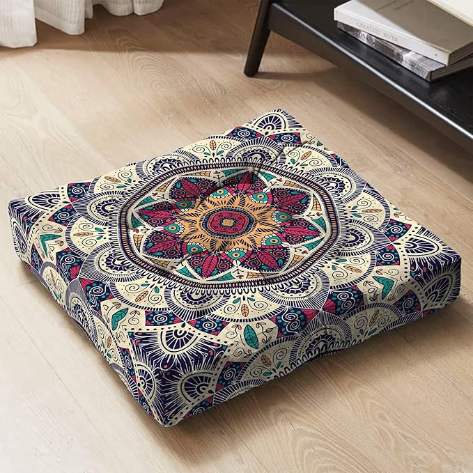 Mandala Meditation Cushion, Boho Meditation Mat, Meditation Pillows for Sitting on Floor, Cushions for Sitting in Home and Outdoor, Square Floor Pillows Cushion Seating for Yoga 22'' x 22''