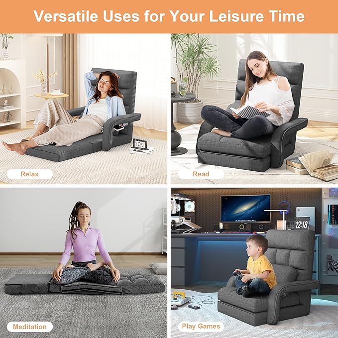 Adjustable Floor Gaming Chair for Adults, 6-Position Chaise Lounge Chair with Meditation Arm, Foldable Lazy Sofa with Pillow, Comfy Chair Indoor for Bedroom Dorm Living Room, Charcoal