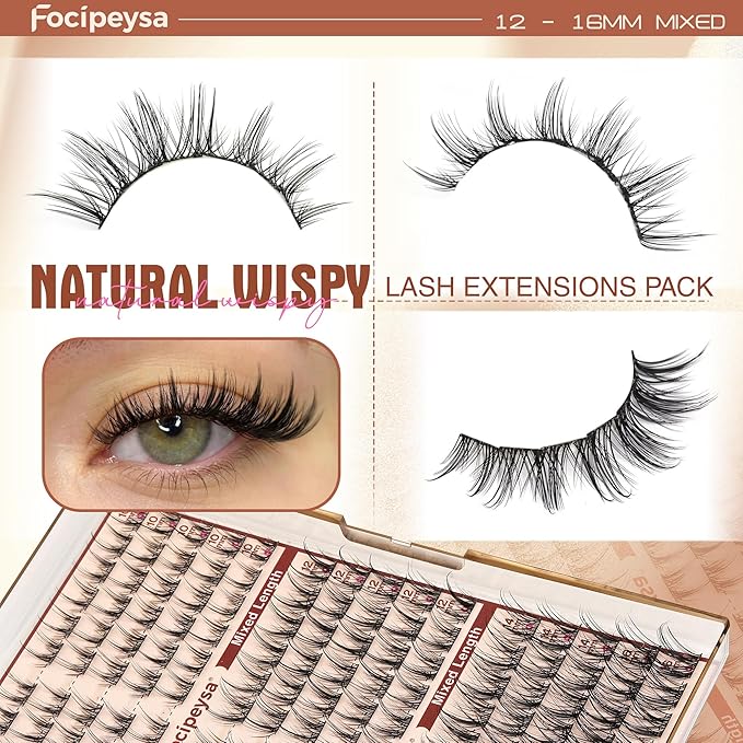 Focipeysa Lashes Wispy Cluster Lashes Natural Lash Clusters 10-16mm Eyelash Clusters Salon Effect Pestañas Postizas Naturales Fairy DIY Individual Eye Lashes Extensions Pack Spiky Lash