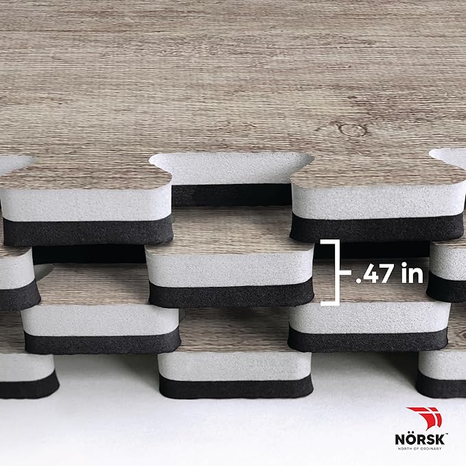 Décor by NÖRSK Reversible Interlocking Faux Wood Foam Floor Tiles, 24 X 24 X .47", 4-Pack, 16 Square Feet, Driftwood/Black