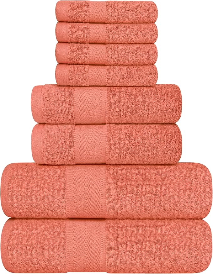 Oakias Premium Towel Set 600 GSM 8 Piece Sea Salt - 100% Ring Spun Cotton Highly Absorbent Towels Set - Super Soft Bathroom Towel Set - Hotel Quality Double Stitched Hem - Ideal for Hotels, Spa, Gyms