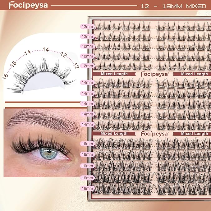 Focipeysa Fairy Eyelash Extension Kit with Lash Bond Seal Wispy Lash Clusters Kit Natural Look Lash Extensions 10-16mm Clusters Eyelashes Extensions Wispy Lash DIY Salon Effect Lash Extension