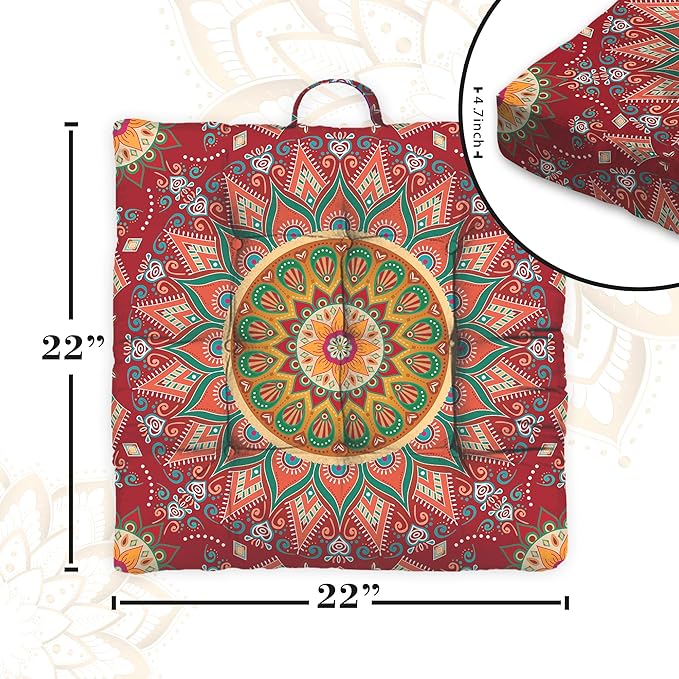 Mandala Meditation Cushion, Boho Meditation Mat, Meditation Pillows for Sitting on Floor, Cushions for Sitting in Home and Outdoor, Square Floor Pillows Cushion Seating for Yoga 22'' X 22''