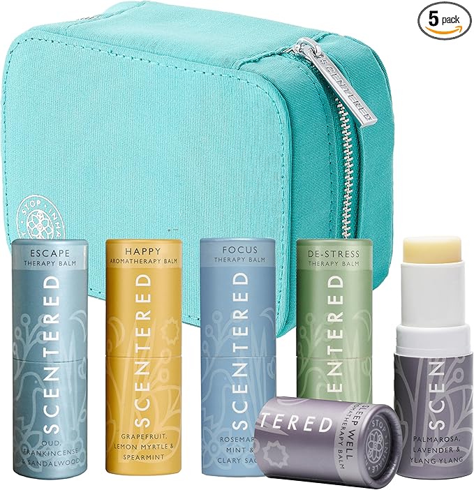 Scentered Aromatherapy Balm Stick Gift Set with Travel Pouch - Sleep, Focus, Stress-Relief, Mood Boost & Calm - 100% Natural Essential Oil Blends: Lavender, Chamomile, Rosemary, Cedarwood, Ylang Ylang