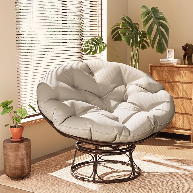 46'' Large Size Papasan Chair with Cushion and Frame, Lazy Circle Round Chair for Bedroom and Living Room, Beige