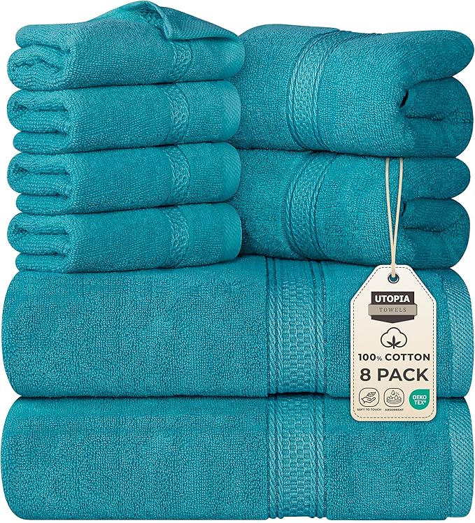Utopia Towels 8 Piece Premium Towel Set, 2 Bath, 2 Hand, and 4 Wash Cloths, 600 GSM 100% Ring Spun Cotton, Highly Absorbent Towels for Bathroom, Gym, Hotel, and Spa, Teal