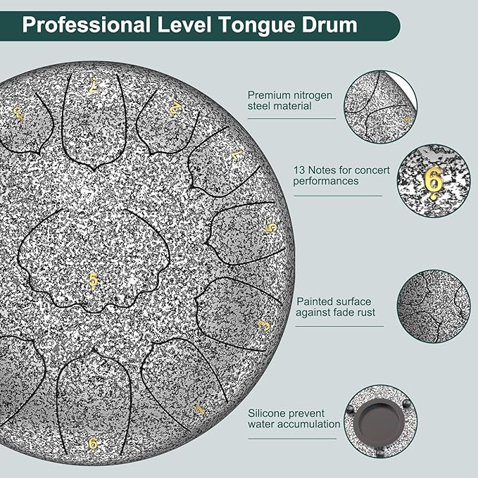 D Major Steel Tongue Drum Handpan, 12 Inch 13 Note Rain Drum for Outside Garden, Meditation Rain Chime, Musical Percussion Instrument for Adult Gift with Bag, Music Book, Drum Mallets (Star Sliver)