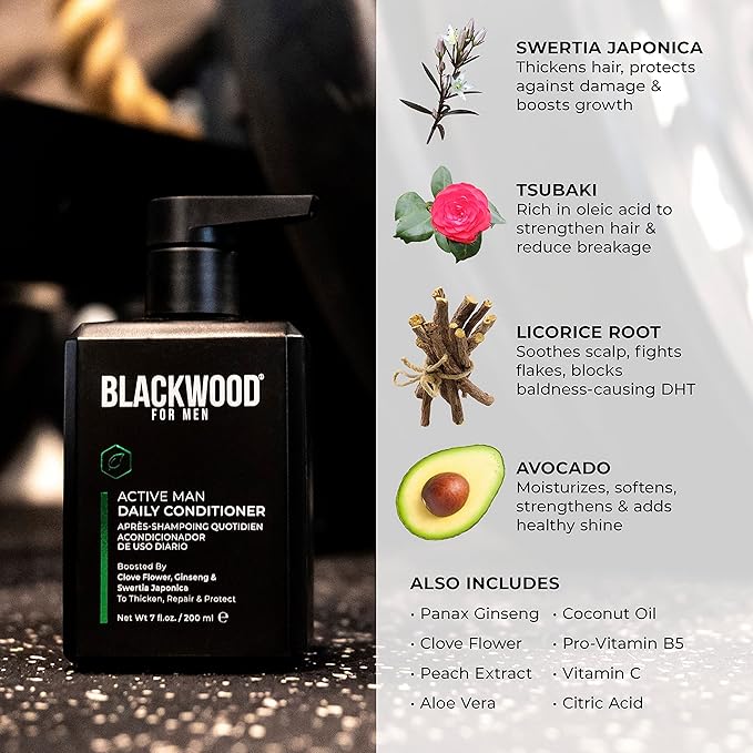BLACKWOOD FOR MEN Active Man Daily Conditioner - Men's Thickening Conditioner for Hair Loss & Dandruff - Deep Treatment for Shine - Natural Vegan Formula - Sulfate, Paraben, & Cruelty-Free (7 Oz)