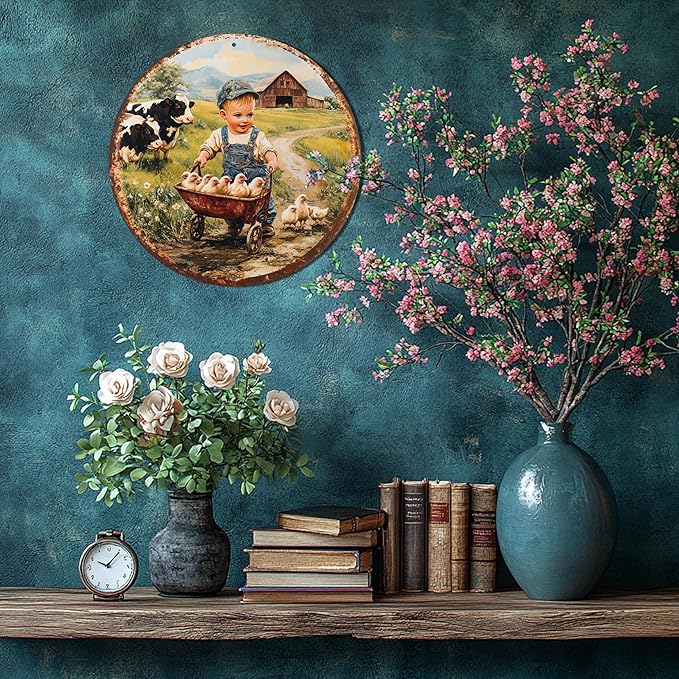 Cbngaoey 1pc Vintage Farm Scene Aluminum Wall Art - 8x8 Inch Round Metal Sign with Boy in Overalls and Chickens,Perfect Gift for Holidays and Outdoor Spaces,Durable Wall Art, Farmhouse Decor