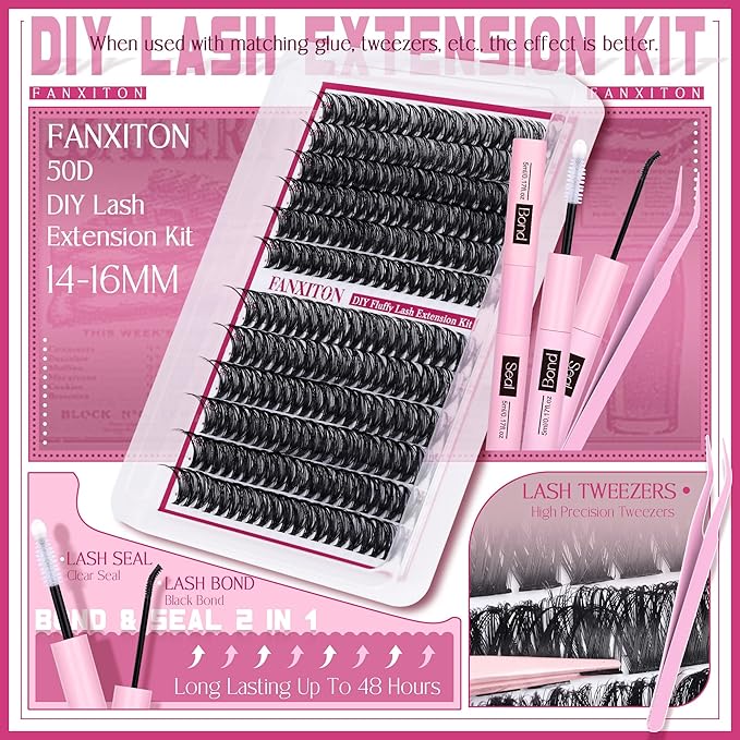 FANXITON Cluster Lashes 50D Lash Clusters D Natural Eyelashes Extensions 14-16mm Mix Individual Lashes Thin Band Lash Bond and Seal Tweezers Eyelashes Cluster for DIY Lash Extension