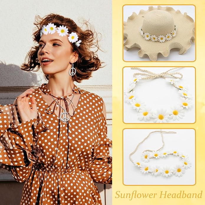 choice of all Peace Sign Necklace Earrings Sunflower Headband Set for Women 60s 70s Outfits Hip Hop Hippie Jewelry Halloween Costume Accessories