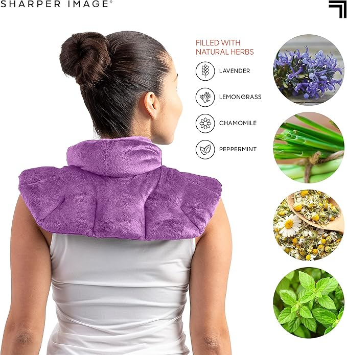 Sharper Image Heated Neck & Shoulder Wrap - Microwavable Warm & Cooling Plush Pad, Scented Aromatherapy (100% Natural Lavender & Herb Spa Blend), Pain Tension Headache Relief Therapy, Gift for Women