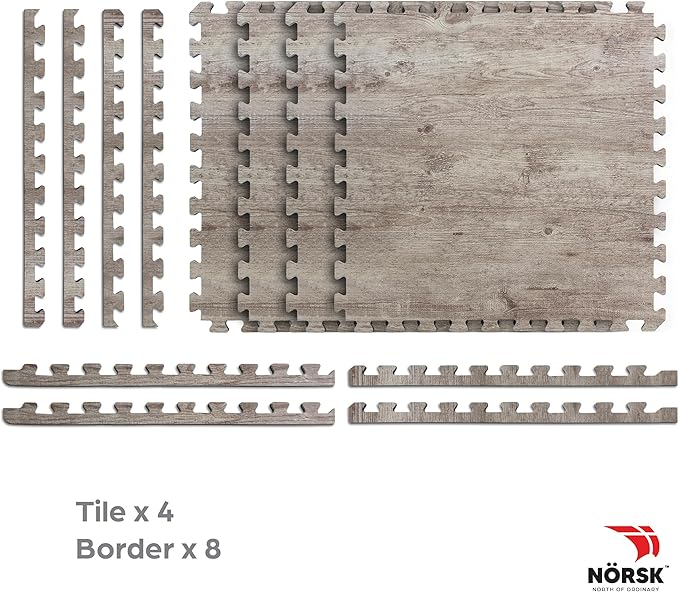 Décor by NÖRSK Reversible Interlocking Faux Wood Foam Floor Tiles, 24 X 24 X .47", 4-Pack, 16 Square Feet, Driftwood/Black