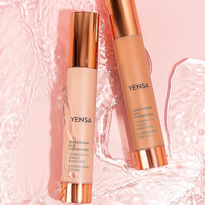 YENSA Serum Foundation Makeup - Super Silk Full Coverage Foundation Enriched with Peptides, Vitamin C & Ferulic Acid to Help Reduce Fine Lines, Wrinkles & Dark Circles - Tan 1 (1 oz)