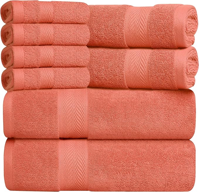 Oakias Premium Towel Set 600 GSM 8 Piece Sea Salt - 100% Ring Spun Cotton Highly Absorbent Towels Set - Super Soft Bathroom Towel Set - Hotel Quality Double Stitched Hem - Ideal for Hotels, Spa, Gyms