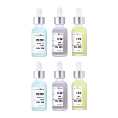 Valjean Labs Facial Serum, Combo Pack of Hydrate, Glow, and Firm | Supercharged, Targeted Skincare Ingredients | Paraben Free, Cruelty Free, Made in USA (1oz Bottles, 6 total)