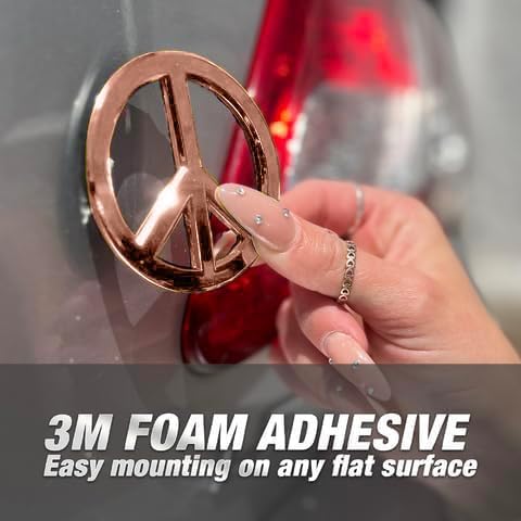 Classic Rose Gold Peace Sign Logo - Metal Car Emblem by Revolution Car Badges - Antiwar Peace and Love Symbol - Premium Alternative to Bumper Stickers, Decals, and Magnets (Rose Gold Plated Metal)