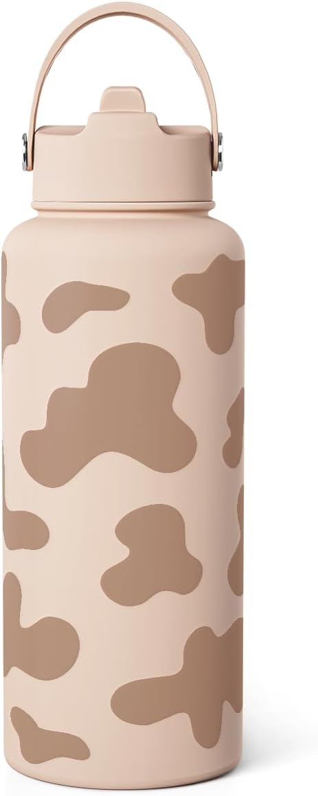 Cow Print Water Bottle 32oz Stainless Steel with Lid, Insulated Bottles for Sports Travel Outdoor, Gifts for Women Girls Birthday Christmas