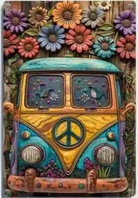Retro Peace Van Metal Wall Art Sign, 8x12 Inches, Colorful Floral Design, Vintage Hippie Style Home Decor