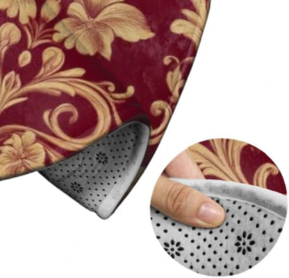 Soft Round Yoga Carpet, Large Home Decor Mat, Non-Slip Machine Washable Kitchen Office Circle Rug Compatible with Flower Maroon Gold Floral Classy Burgundy Antique