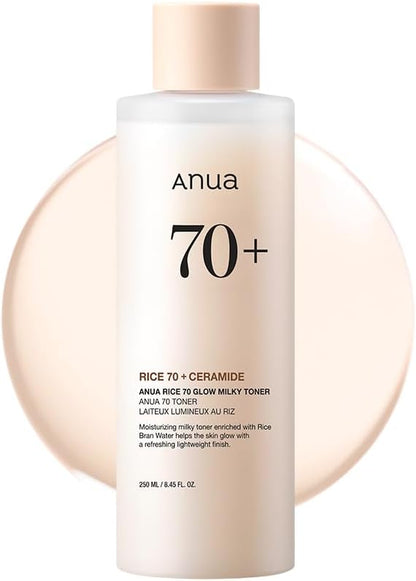ANUA Rice 70 Glow Milky Toner, for Glass Skin, Rice Water, Niacinamide, Ceramides, Panthenol, Fragrance-Free, Non comedogenic, Fungal Acne Safe, Korean Skin Care, 250ml/8.45fl.oz.