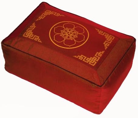 Rectangular Zafu Seat Meditation Cushion Buckwheat and Kapok Fill - Silkscreen Sacred Symbols (Dharma Wheel Saffron)