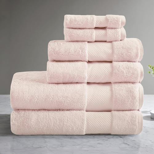 Madison Park Turkish 100% Cotton 600Gsm Luxury Premium Thick Soft Absorbent Hotel Bathroom Towel Set Shower Hand Face Washcloths, Assorted Sizes, Blush 6 Piece