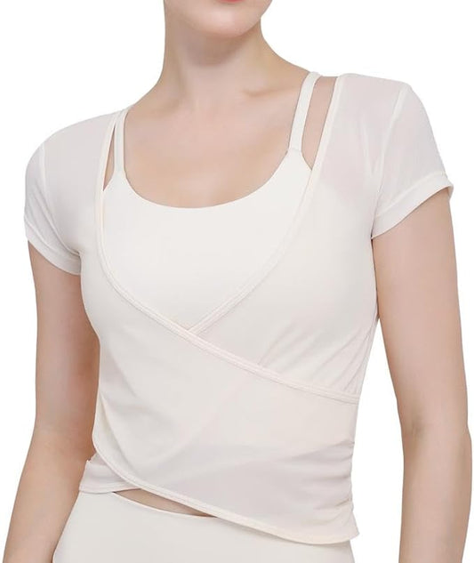 Harssidanzar Yoga Short Sleeve Two-piece set for Women Mesh Gym Athletic Tops Workout Shirts with Sports Bra CL305US