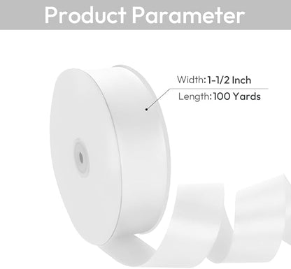 1-1/2" Width x 100 Yards Satin Ribbon, White Ribbon Perfect for DIY Craft, Bows, Gift Wrapping, Flower Bouquet, Valentine's Day, Christmas and Party Decoration