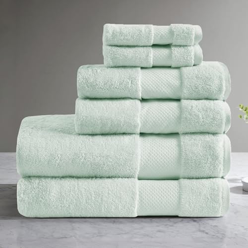 Madison Park Turkish 100% Cotton 600Gsm Luxury Premium Thick Soft Absorbent Hotel Bathroom Towel Set Shower Hand Face Washcloths, Assorted Sizes, Seafoam 6 Piece