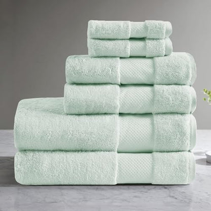 Madison Park Turkish 100% Cotton 600Gsm Luxury Premium Thick Soft Absorbent Hotel Bathroom Towel Set Shower Hand Face Washcloths, Assorted Sizes, Seafoam 6 Piece