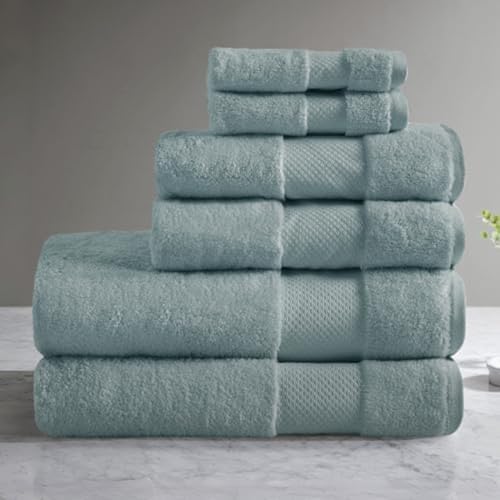 Madison Park Turkish 100% Cotton 600Gsm Luxury Premium Thick Soft Absorbent Hotel Bathroom Towel Set Shower Hand Face Washcloths, Assorted Sizes, Blue 6 Piece