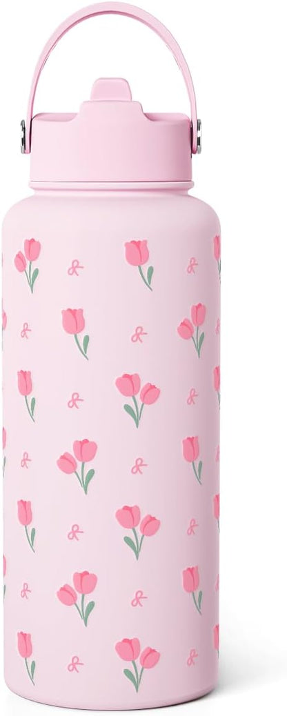 Floral Water Bottle 32oz Stainless Steel with Lid, Tulip Insulated Bottles for Women Girls, Gifts Ideas for Birthday Christmas