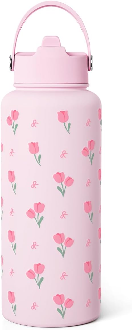 Floral Water Bottle 32oz Stainless Steel with Lid, Tulip Insulated Bottles for Women Girls, Gifts Ideas for Birthday Christmas