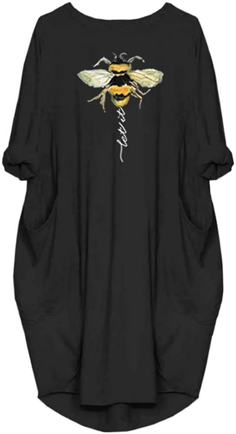 Womens I'm Mostly Peace Love and Light and A Little Go Print Long Sleeve Loose Pocket Oversize Tunic Dress