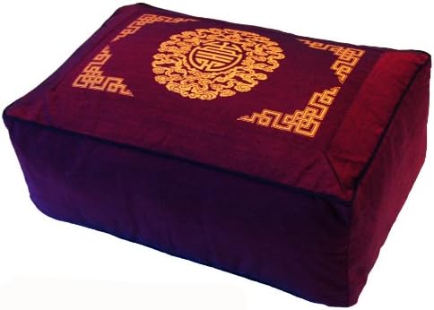 Rectangular Zafu Seat Meditation Cushion Buckwheat and Kapok Fill - Silkscreen Sacred Symbols (Longevity Burgundy)