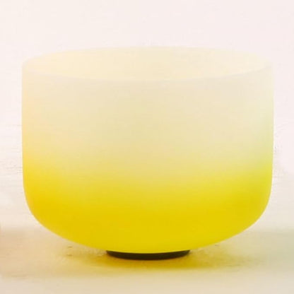 Leize Crystal Singing Bowl Gradient Color Chakra Tuned Quartz 10” wide Yellow 432hz E Note with Suede Striker